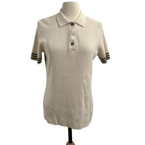 OATS CASHMERE 100%Cashmere Ivory Polo-Military Green Stripe Short Sleeve Large
